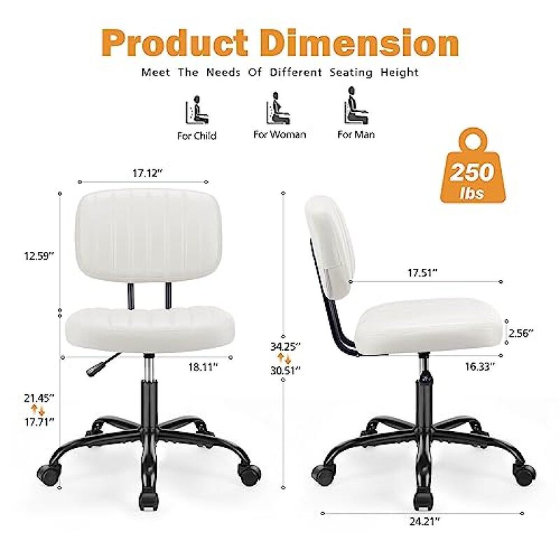 Small Office Desk Chair with Wheels Armless Comfy Computer Chair with Lumbar Support, PU Leather Low Back Adjustable Height