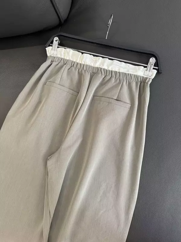 Nowa moda damska plisowana satynowa ozdoba talii luźna na co dzień szerokie nogawki spodnie Retro wysoki stan boczna kieszeń spodnie dla kobiet Mujer