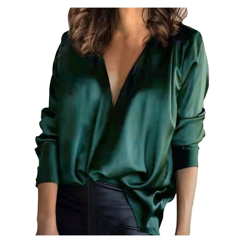 Summer Casual Solid Color Women Blouse Shirt Elegant Satin V-Neck Loose Long Sleeve Solid Color Pullover Top Office Lady Clothes