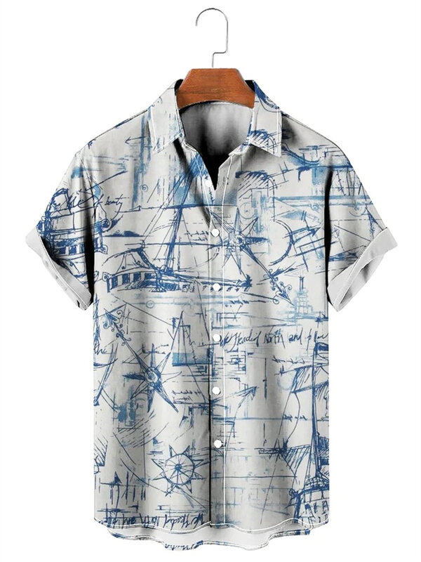 Camisa havaiana vintage masculina com lapela impressa em mapas 3D, estilo clássico, roupa social, moda casual, verão