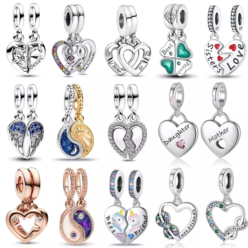 New Linked Sister & Mother & Daughter & Friend Hearts Split Dangle Charm Fit Pandora Bracelet 925 Sterling Silver Jewelry Gift