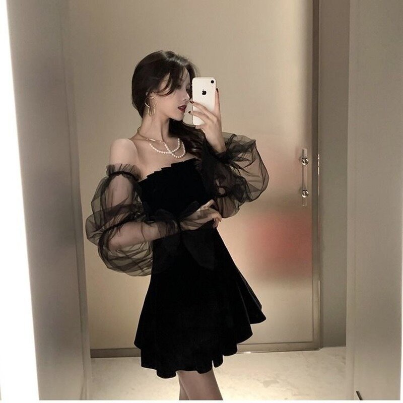 Vestido Retro negro para mujer, minivestido de gasa de encaje para mujer, moda coreana Sexy para Club, 2022
