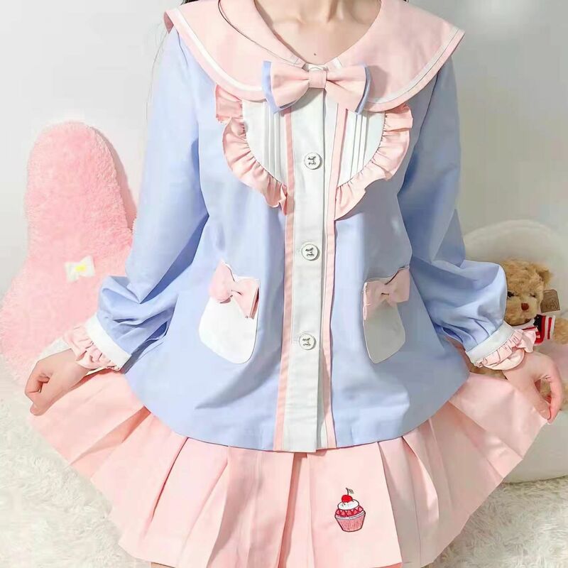 Japan JK Chic 2 Piece Sets Women Clothing Sailor Collar Embroidery Shirt A-line Pleated Mini Shirt Outfits Sweet Y2k Suit