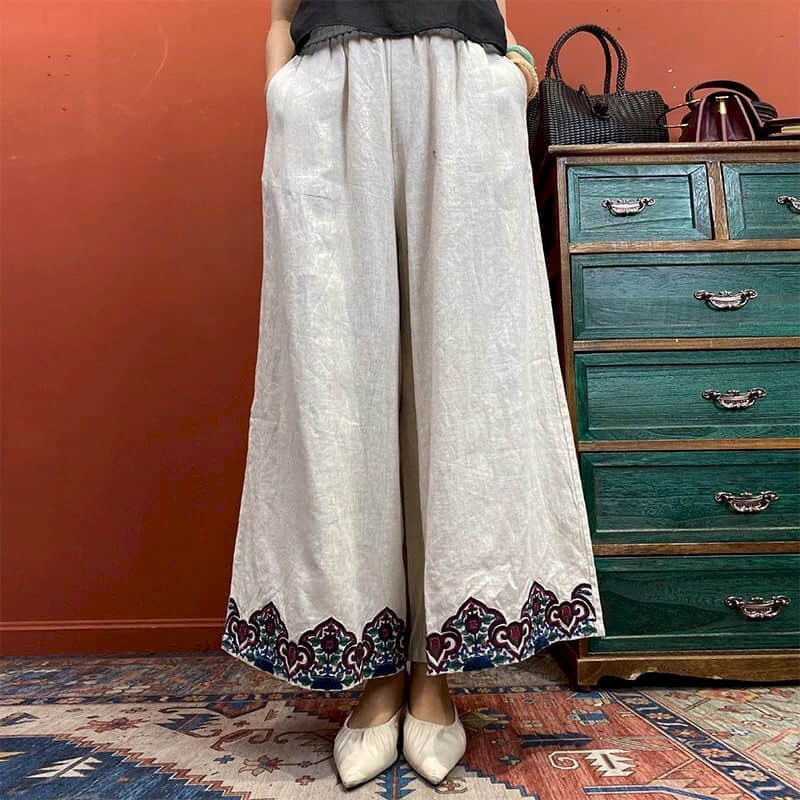 Cotton Linen Pants Women Embroidered Loose Casual Baggy Pants Oversized Wide Leg Pants Vintage Korean Fashion Trousers Clothes