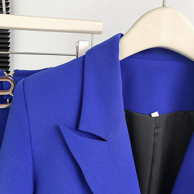 로얄 블루 여성용 세트 세트, 정장 블레이저 및 바지, 싱글 단추 슬림핏 코튼 비즈니스 작업복, 오피스 레이디 재킷 코트