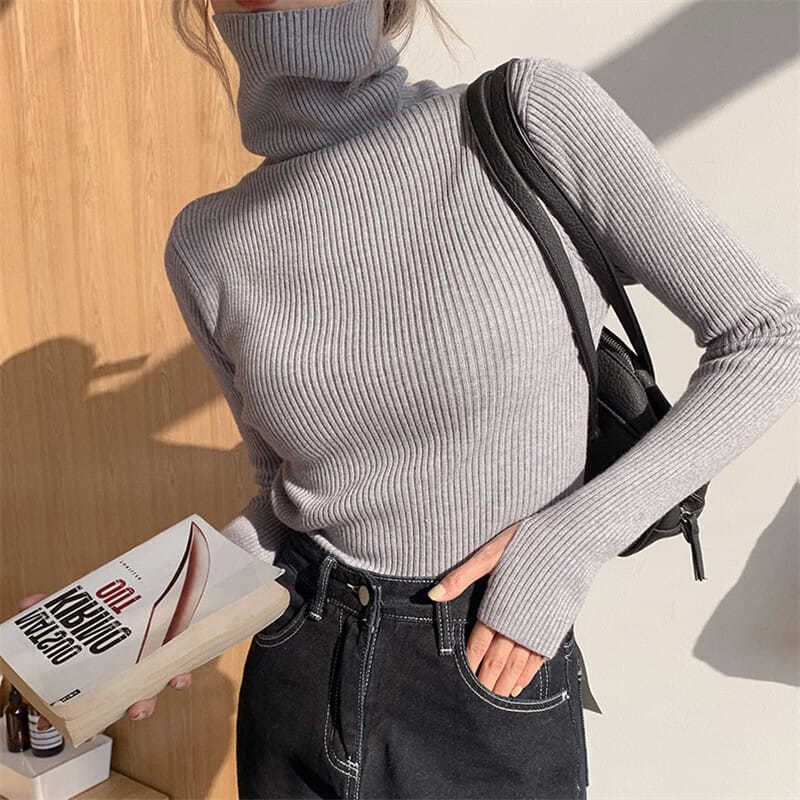 Autumn Winter Turtleneck Slim Basic Knitted Sweaters for Women Fashion Korean Solid Long Sleeve Stretch Pullovers Tops Jumpers