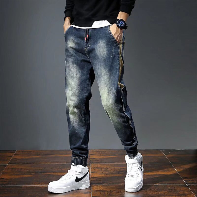 メンズジーンズハーレムパンツ,ファッショナブルなポケット付きのゆったりとしたジーンズ,大きな調節可能な伸縮性のあるレトロなストリートウェア,ポストジーンズ