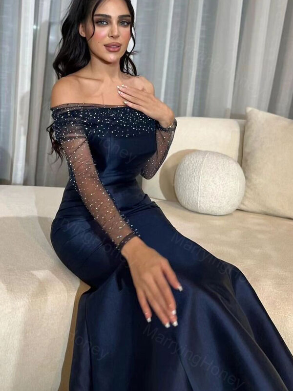 Mermaid Long Prom Dress for Women Formal Satin Off the Shoulder Cocktail Party Gown See Through Mesh Sleeves Evening Dress