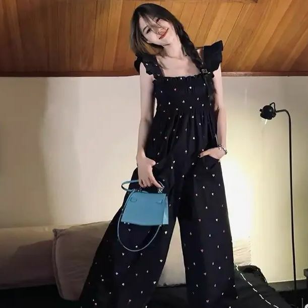 Ruffles Jumpsuit Colorful Hearts Embroidery Women Flying Sleeves Sweet Elastic Chest Wide Legs Overalls Contrast Pants