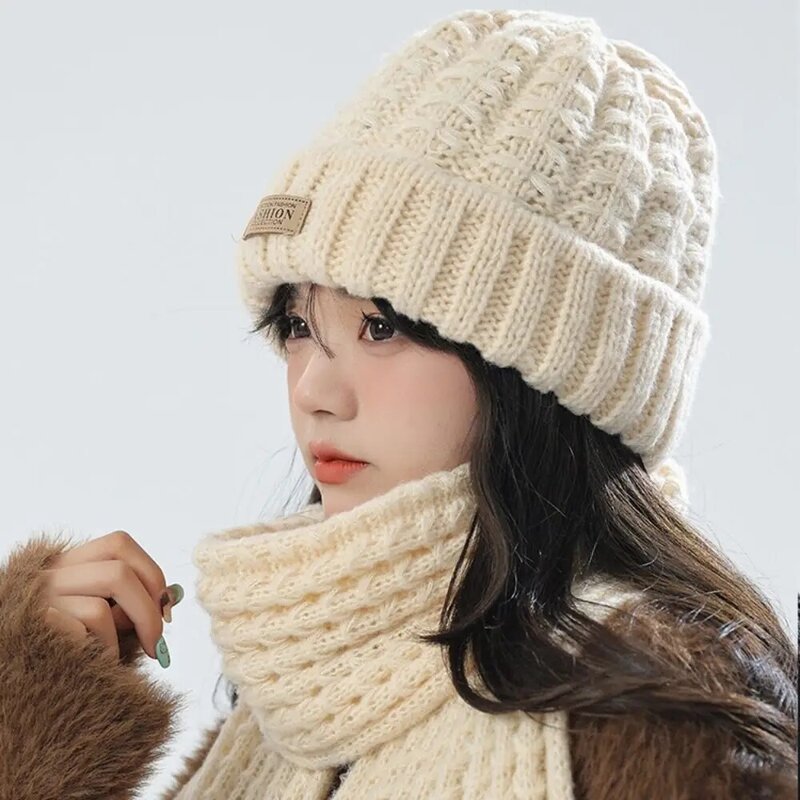 Chapéu e cachecol de malha feminino, gorro e lenço de proteção auricular, cor sólida, espesso, quente, inverno, terno de 2 peças