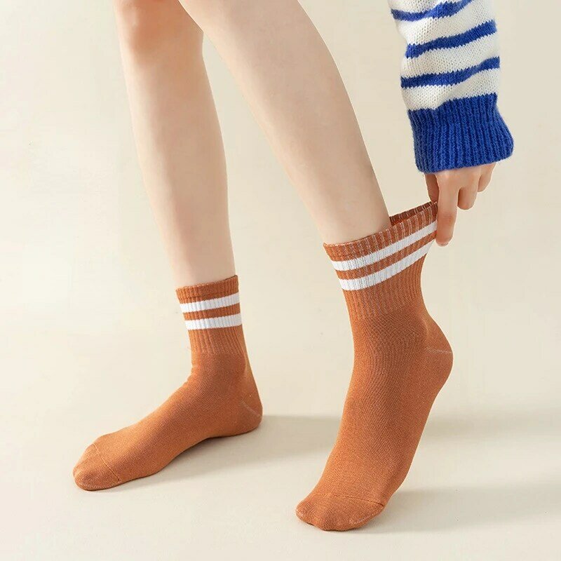 1 Pair Medium Tube Loose Women Socks Two Bars Pile Socks Cotton Korean Japanese Student Stockings 2023 Fashion Basic White Socks
