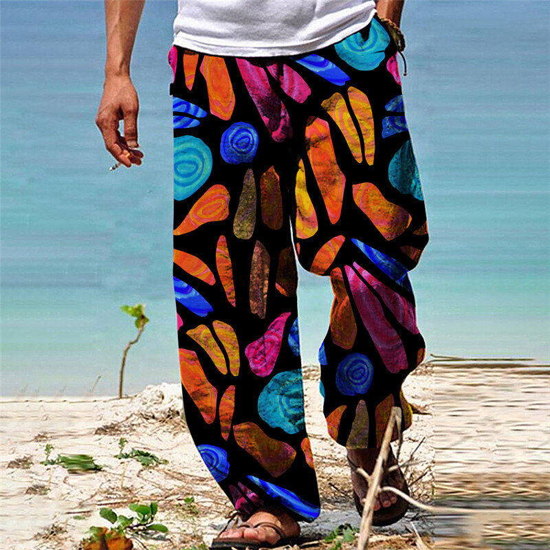 Calça de perna larga estampada em 3D masculina, casual solta, moda praia, verão