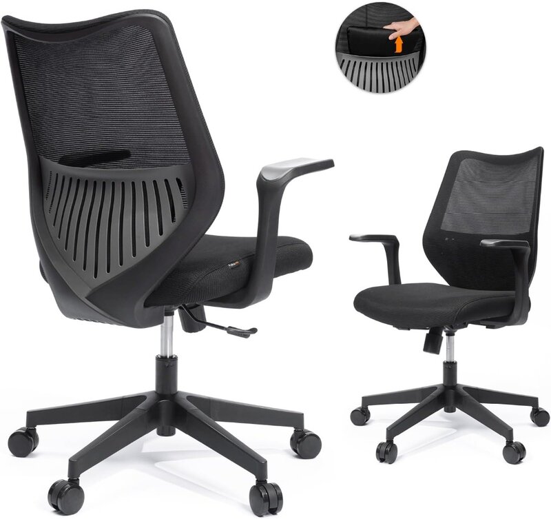 Desk Chair, Ergonomic Office Chair with Movable Cushion Lumbar Support, Mesh Chair with Fixed Armrest and PU Wheels Tilting