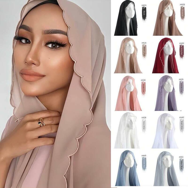 Hijab Chiffon com Borda Bordada para Mulheres Muçulmanas, Lenço de Cabeça, Xaile, Malásia Sulam Xailes, Viral, Xaile, Xaile