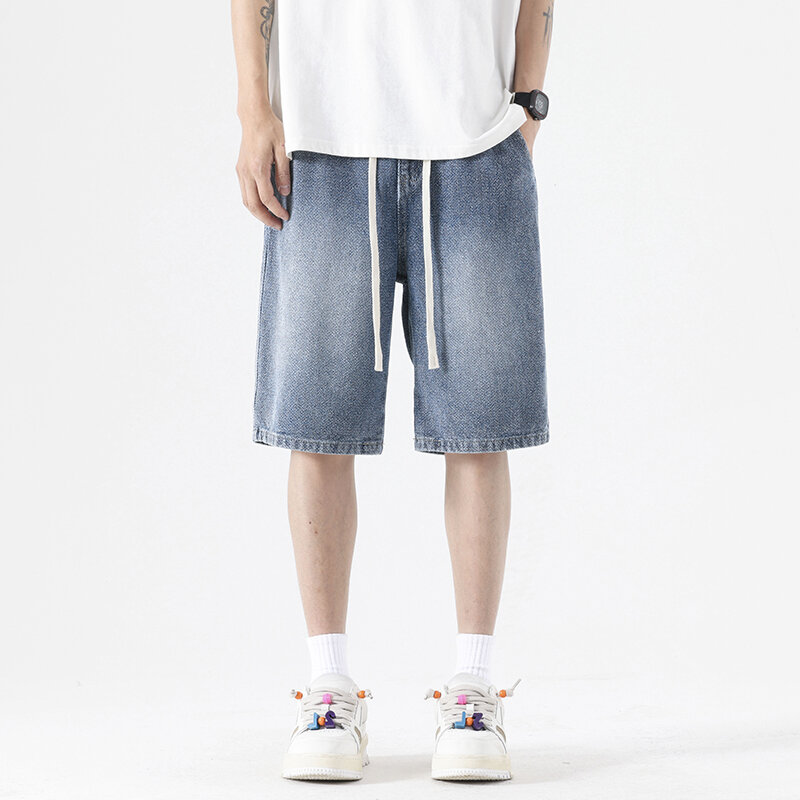 2024 Summer Thin New Men's Denim Shorts Straight Leg Baggy Jeans Ins Fashionable Wide-leg Elastic Waist Korean Streetwea