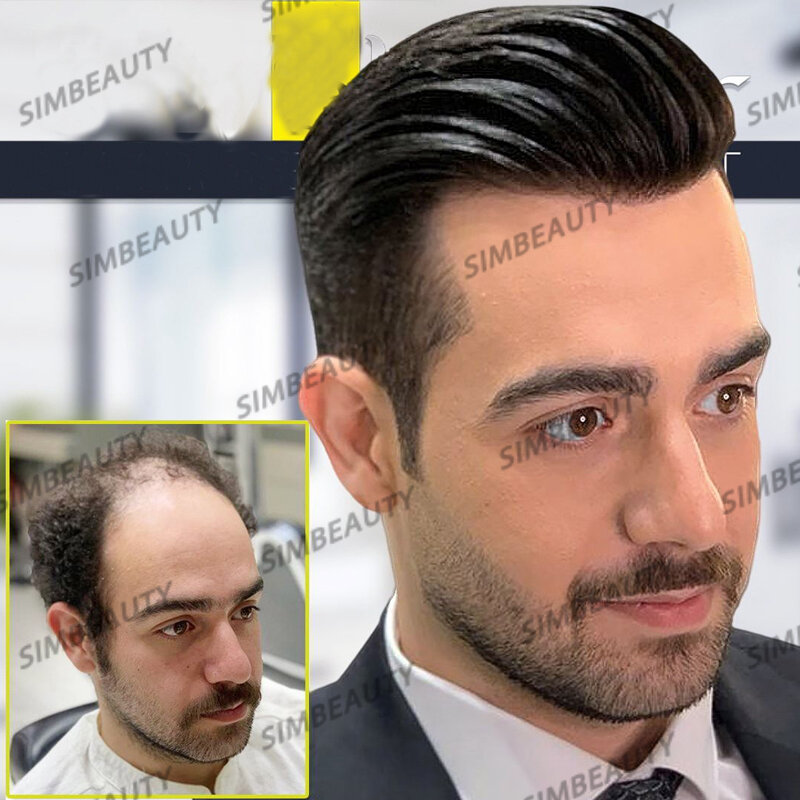 Grosir dasar Mono halus tahan lama & PU pria rambut palsu garis depan alami 100% rambut manusia prostesis wig pria pirang coklat kapiler