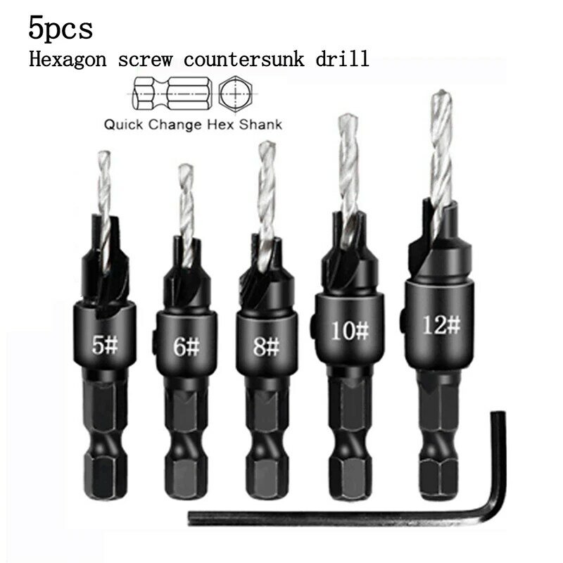 5pcs Countersink Drill Bit Carpentry Drill Set Drilling Pilot Holes For Screw Sizes #5 #6 #8 #10 #12 Drilling Woodworking Tools
