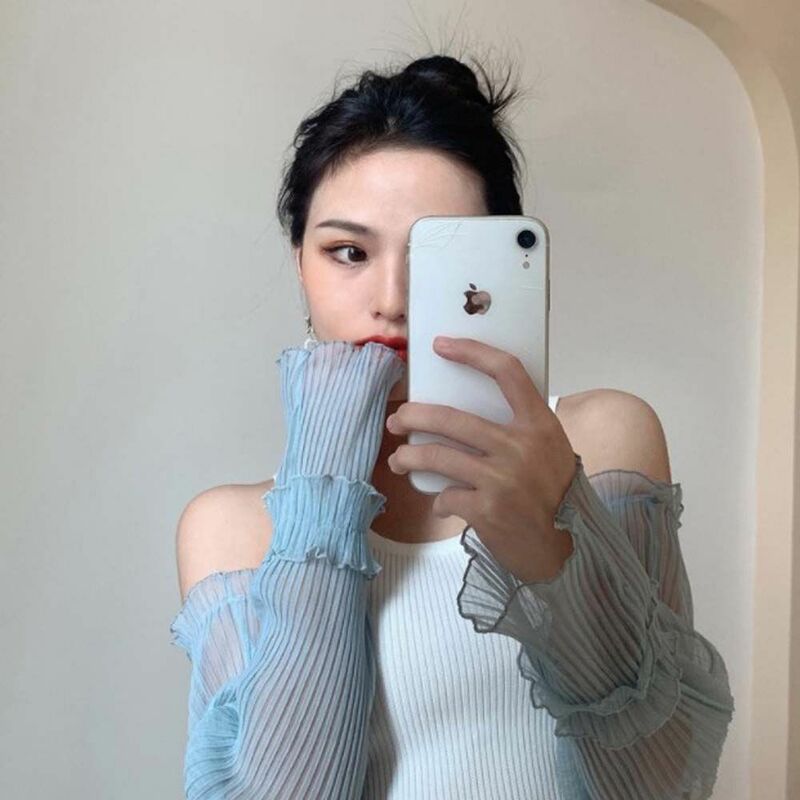 Sarung tangan jaring pelindung UV renda wanita, sarung tangan lengan panjang tanpa jari perlindungan matahari gaya Korea