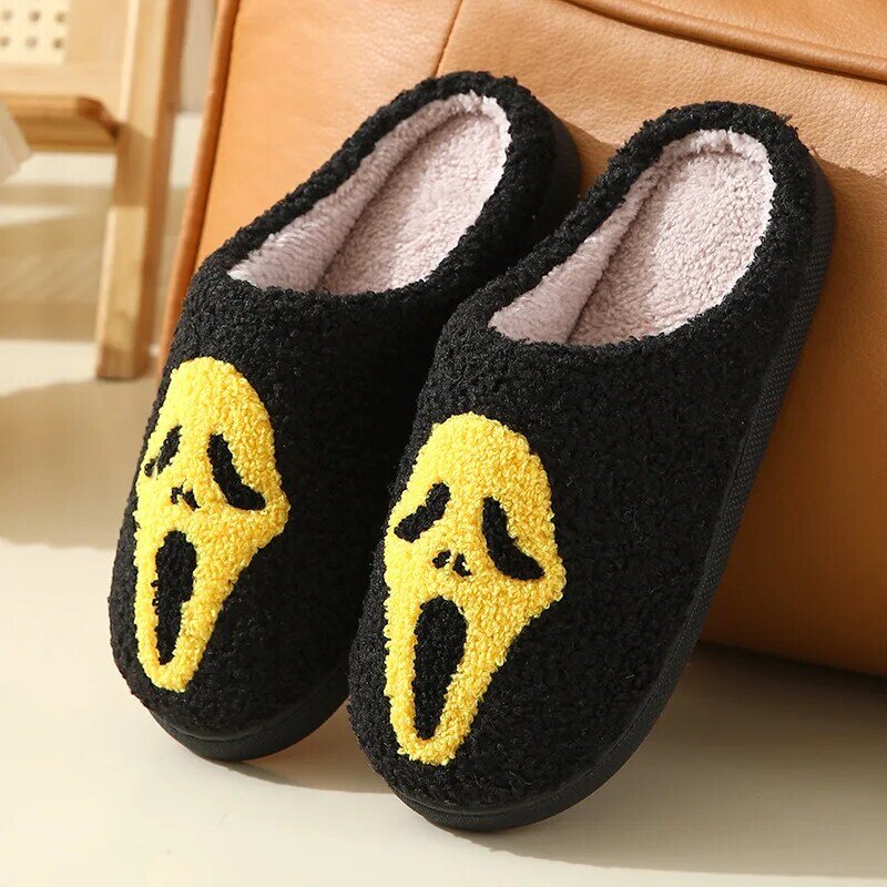 New Halloween Slippers Ghost Face Slippers Winter Warm Woman Men Cozy Plush Bedroom Shoes Couple Indoor Non-Slip Cotton Slipper