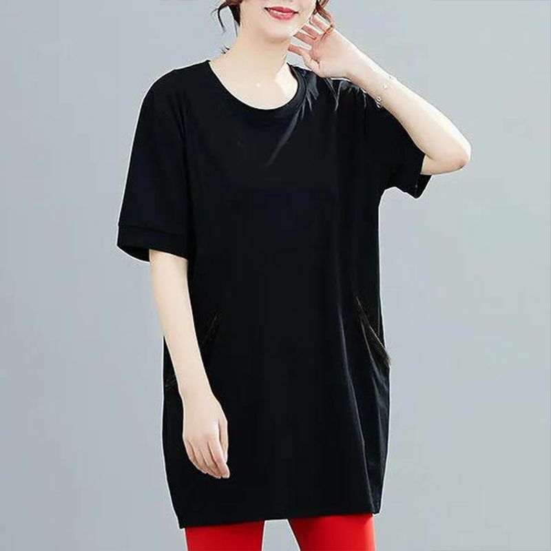 Casual Pocket Patchwork T Shirts Summer New Short Sleeve All-match Solid Color Plus Size Tops Fashion Vintage Women Clothing