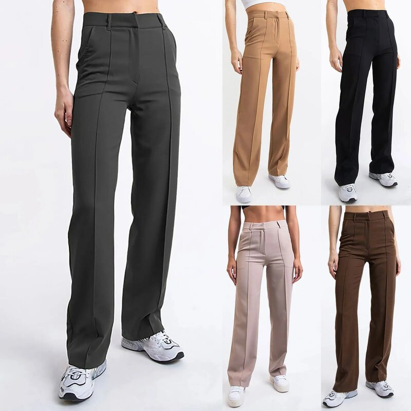 Celana panjang kaki lebar untuk wanita, celana panjang kasual warna polos pinggang tinggi langsing simpel untuk wanita