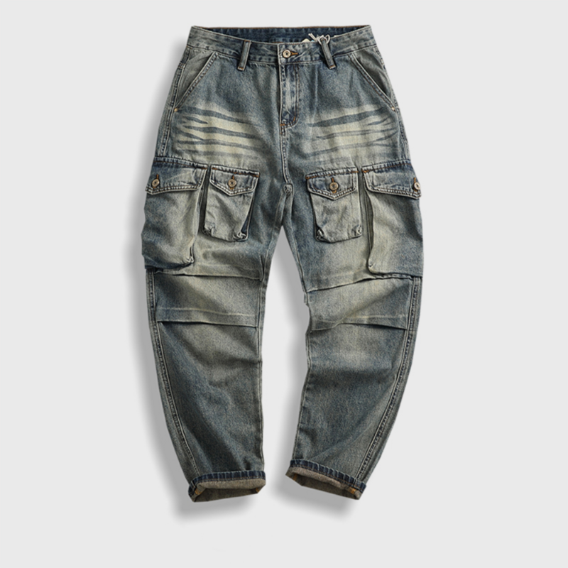 Jeans de carga vintage masculino, cone reto com vários bolsos, calça casual pesada lavada, maré americana, maré