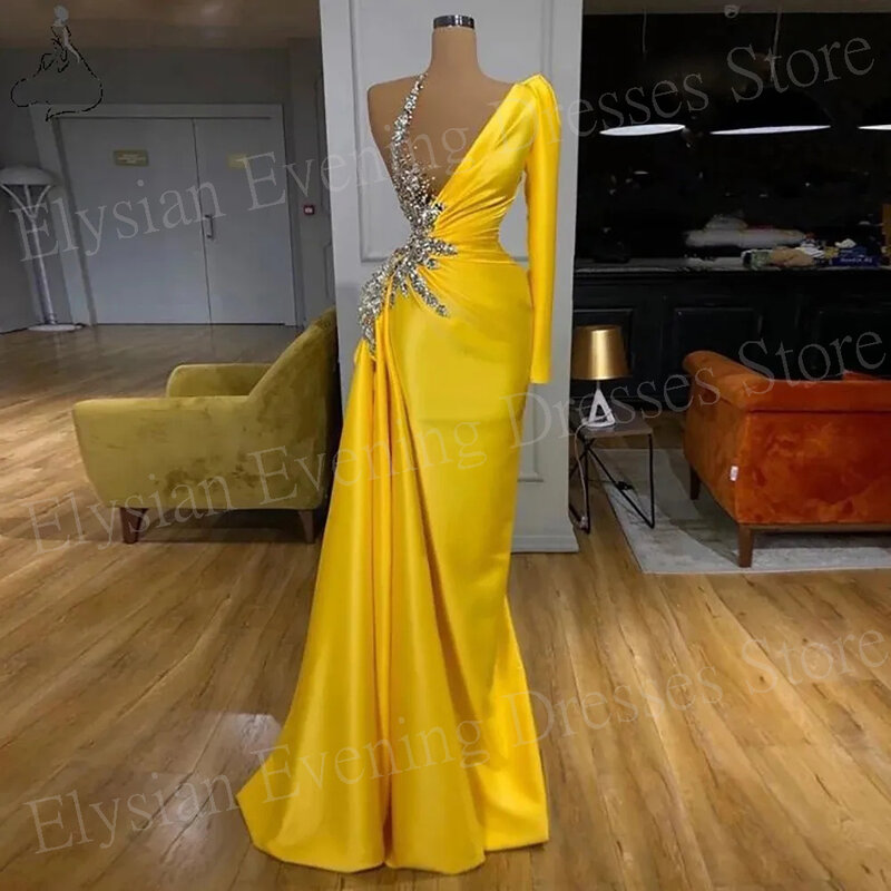 Elegancka piękna żółta damska syrena ładne suknie wieczorowe jedno ramię z długim rękawem suknie na bal maturalny koralikami formalne imprezowe przedsionki