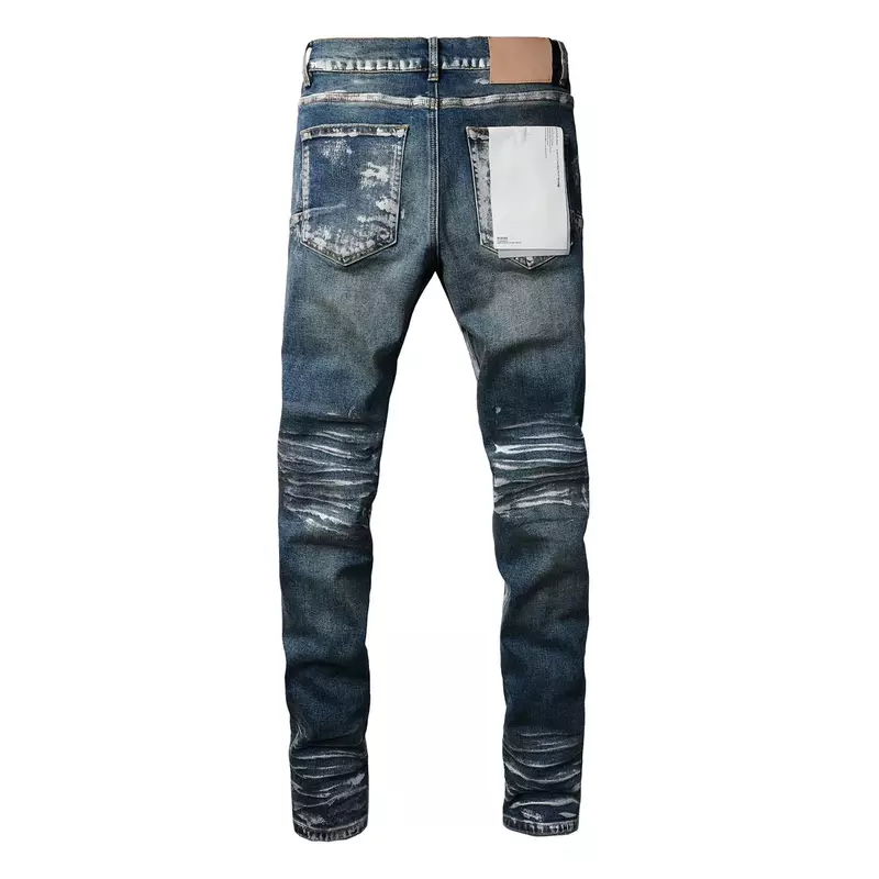 ROCA-Jeans com Luz, Azul Escuro e Tinta Prateada, Moda Angustiada, Reparação Low Rise, Skinny Denim Pants, Marca Roxa, Qualidade Superior