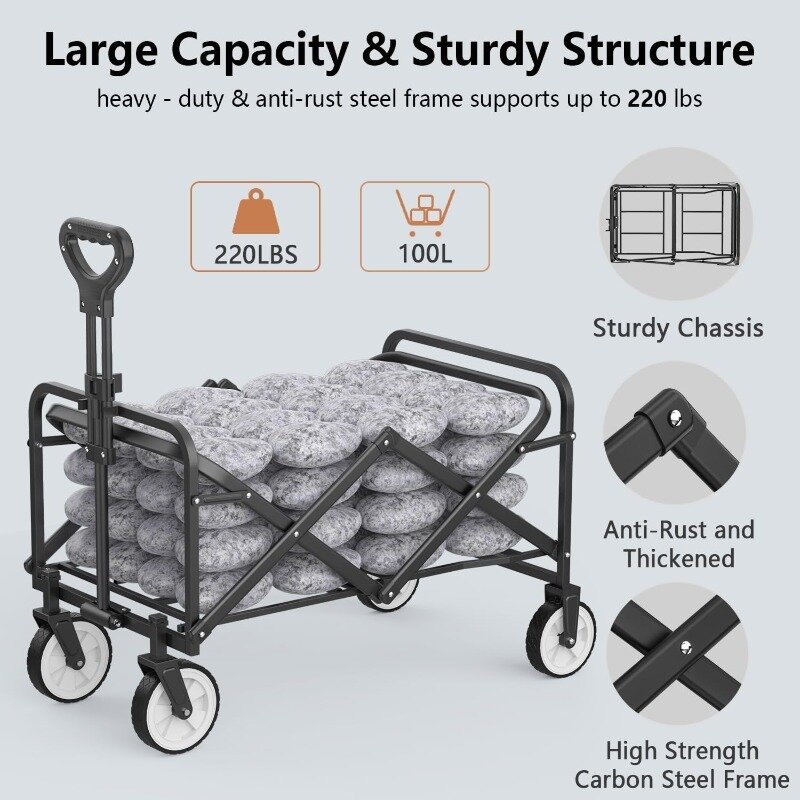 Heavy Duty Utility Beach Wagon Cart with Wheels Foldable, 220LBS Large Capacity Foldable Grocery Wagon， Cart