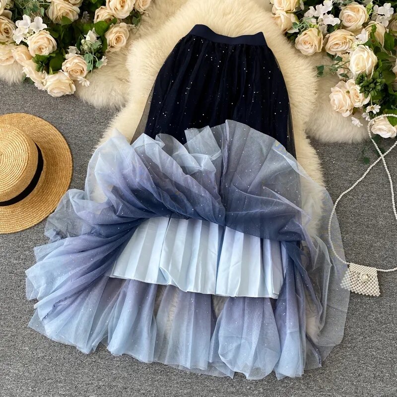 Женская Длинная Юбка со звездами и блестками, синяя вечерняя юбка с высокой талией, блестящая юбка в Корейском стиле