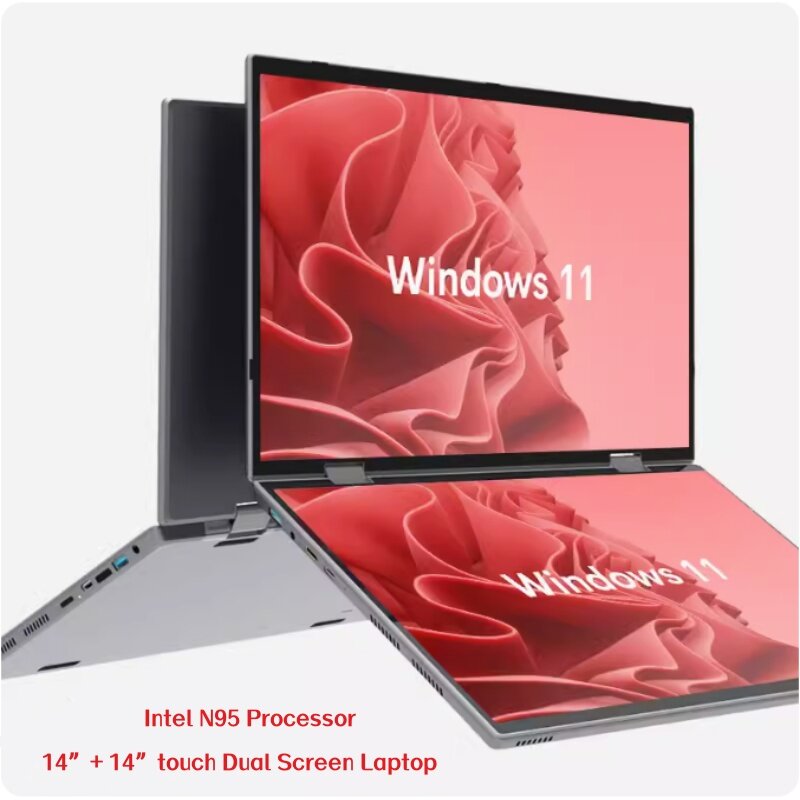 Casing Laptop layar ganda, Notebook 2K layar sentuh 14 + 14 inci 16GB Intel N95 CPU 360 derajat Flip Metal
