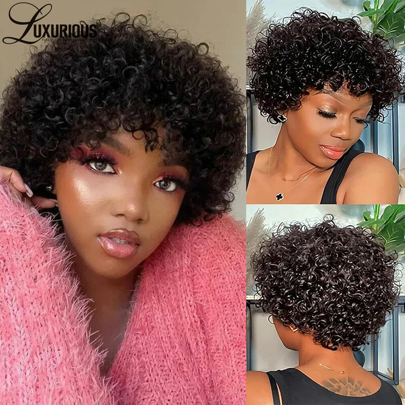Pre Plucked Kinky Curly Machine Made Wigs For Black Women Wear And Go Pixie Cut Short Wig Brazilian Virgin Remy Human Hair Wigs