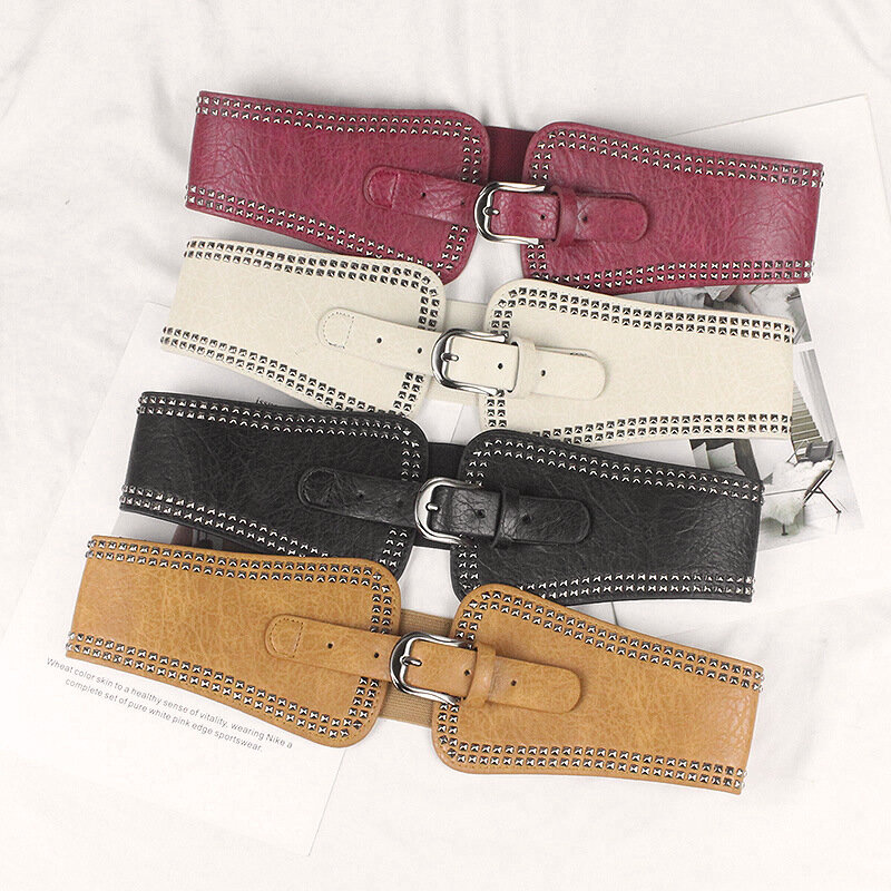 Elegant Wide Elastic Belts For Women PU Leather Fashion Waistband With Metal Rivets Studded Ladies Dresses Waist Girdles