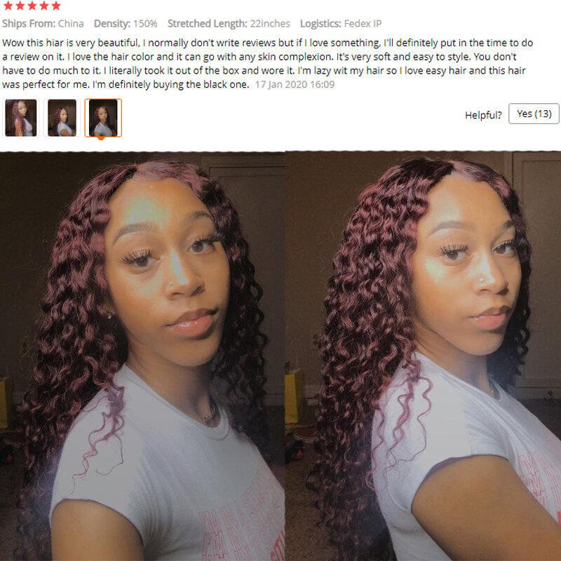 Vention N-Perruque Lace Front Wig sans colle brésilienne Remy, cheveux bouclés, couleur bordeaux 99J, 4x4, 13x6, 180% de densité, pour femmes