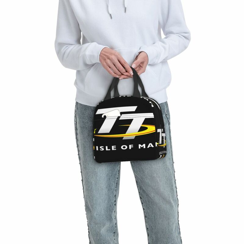 Bolsa de almuerzo con logotipo TT de Isle Of Man, Bento de aislamiento, papel de aluminio, bolsa de arroz, paquete de comida, bolso de hielo, negro
