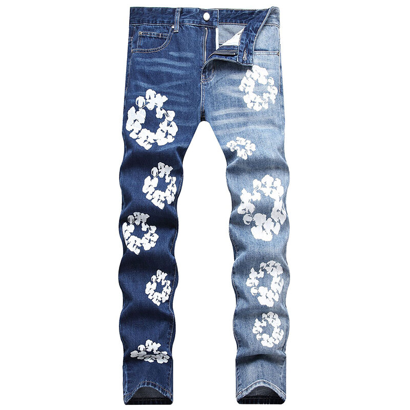 Jeans skinny estampado para homens, calças jeans retas, casuais de algodão, outono, 2023