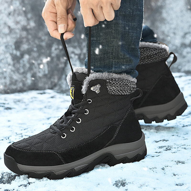 Brand Winter Men Snow Boots Fur Plush Warm Leather Men Boots Waterproof Ankle Boots Outdoor Non-Slip Hiking Boots Work Shoes