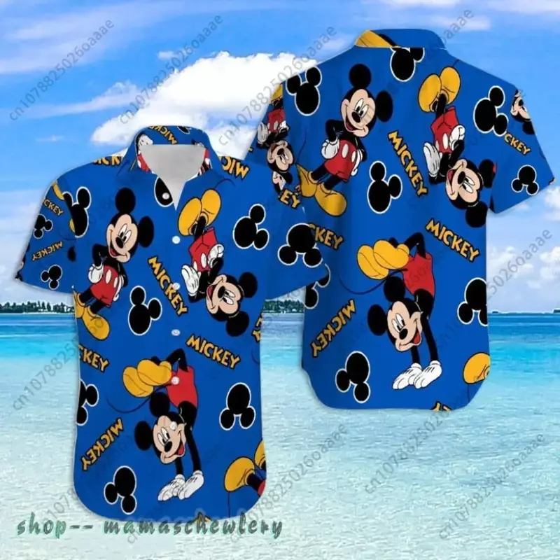 Disney Mickey Firefighter Hawaiian Shirt Men's Women's Casual Short Sleeve Button Up Shirts Disney Kids Hawaii Beach Shirts