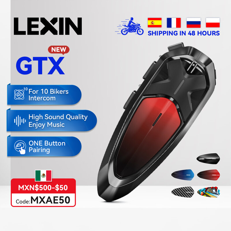 Lexin-intercomunicador GTX 1 piezas para casco de motocicleta, auriculares con Bluetooth, compatible con intercomunicador y escuchar música en una sola hora, 10 conductores, 2000m