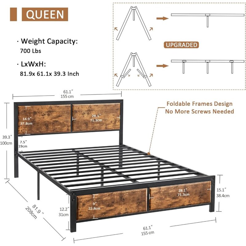 Struttura del letto con piattaforma Queen con testiera in legno Vintage rustico, fondotinta per materasso, robusto supporto per doghe in metallo