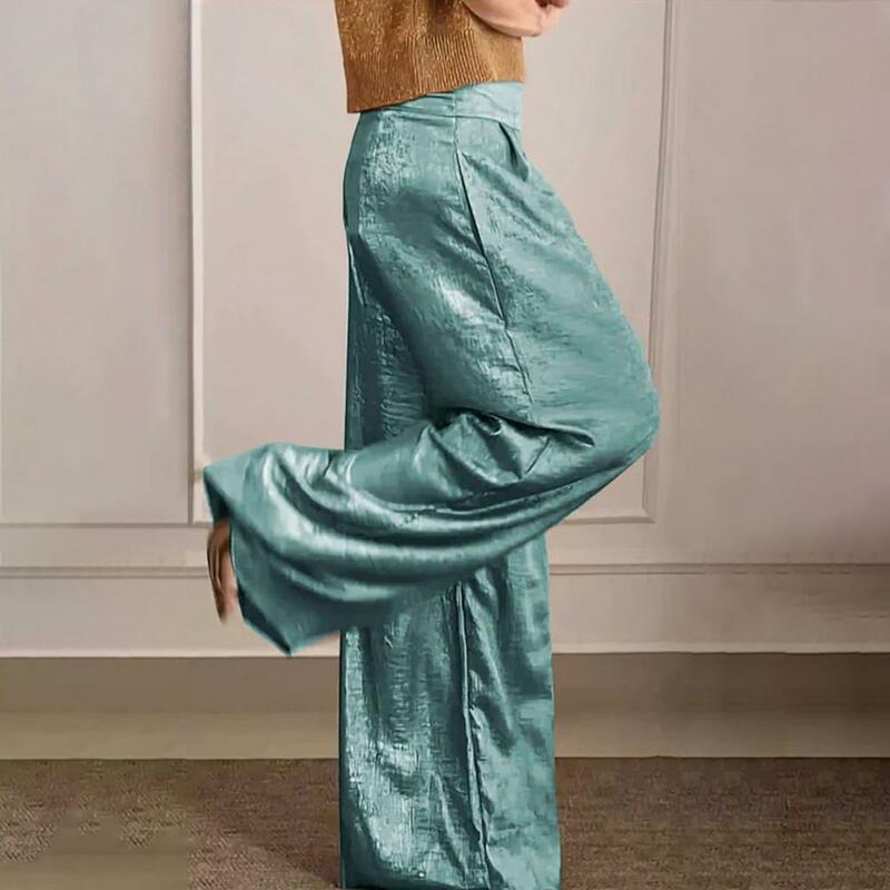 Женские длинные брюки 1 шт., повседневные брюки с высокой эластичной талией, однотонные брюки с широкими штанинами цвета металлик, мягкие офисные брюки для отдыха