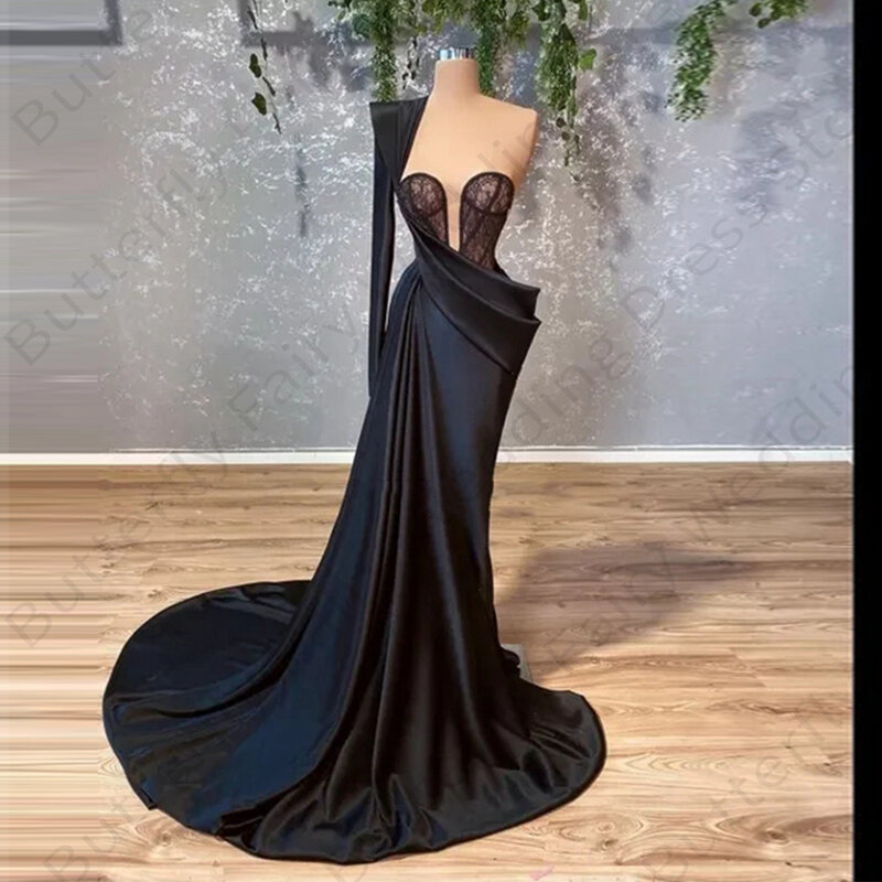 Hitam elegan dari bahu putri duyung satu bahu lengan gaun Prom Satin lipatan lantai panjang Formal renda Applique gaun malam