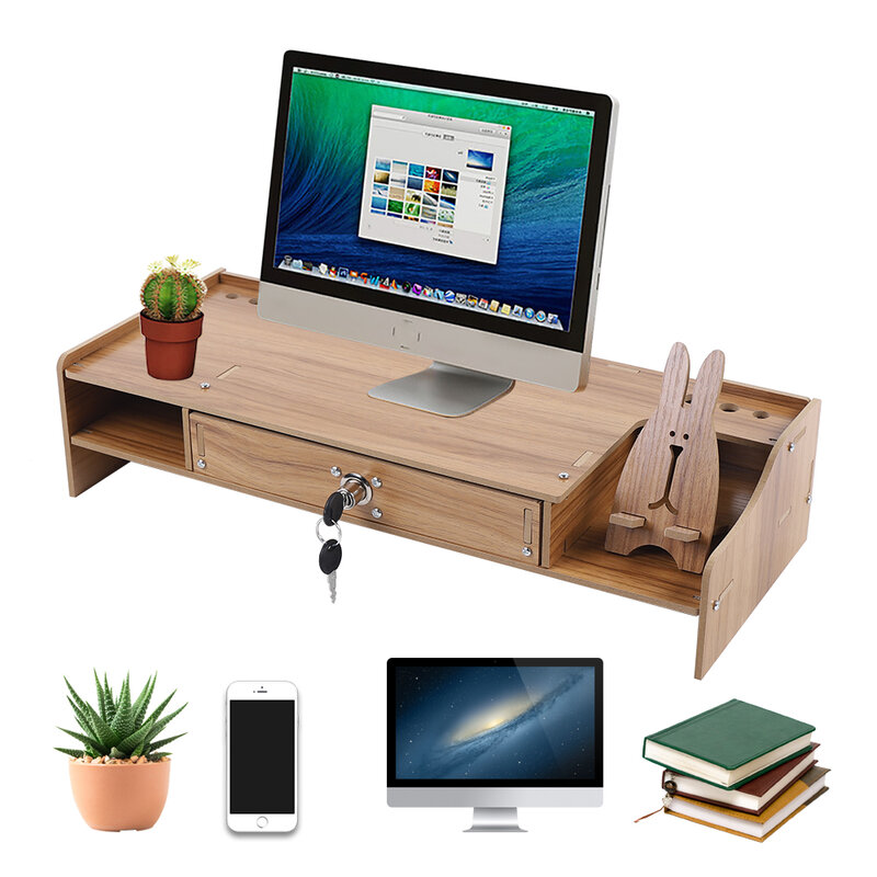 Support de moniteur construit avec tiroir de rangement adapté à l'écran d'ordinateur portable, organisateur de bureau avec support de téléphone et de tablette