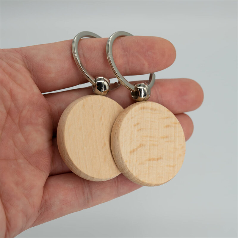 100 sztuk drewno okrągłe breloczek do kluczy Diy drewniane blanki niedokończone drewniane klucz z obręczą do kluczy