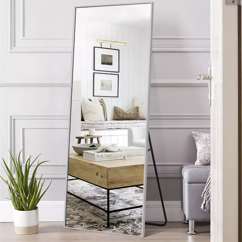 مرآة أرضية بإطار من سبائك الألومنيوم مع حامل ، مرآة جسم كامل لمرايا جدران غرف النوم ، شحن فضي مجاني ، 64 × 21 بوصة