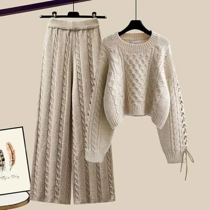 New Spring Two Piece Pants Set Knitted O Neck Pullover Sweater+Knitted Wide Leg Pants Long Sleeve Two Piece Suit Pants