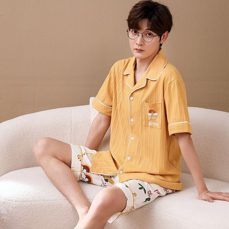 ชายผ้าฝ้ายชุดนอนชุดนอนชุดนอนแขนสั้นนุ่มหลวมชุดนอน Loungewear Casual Homewear ชายชุดนอนใหม่