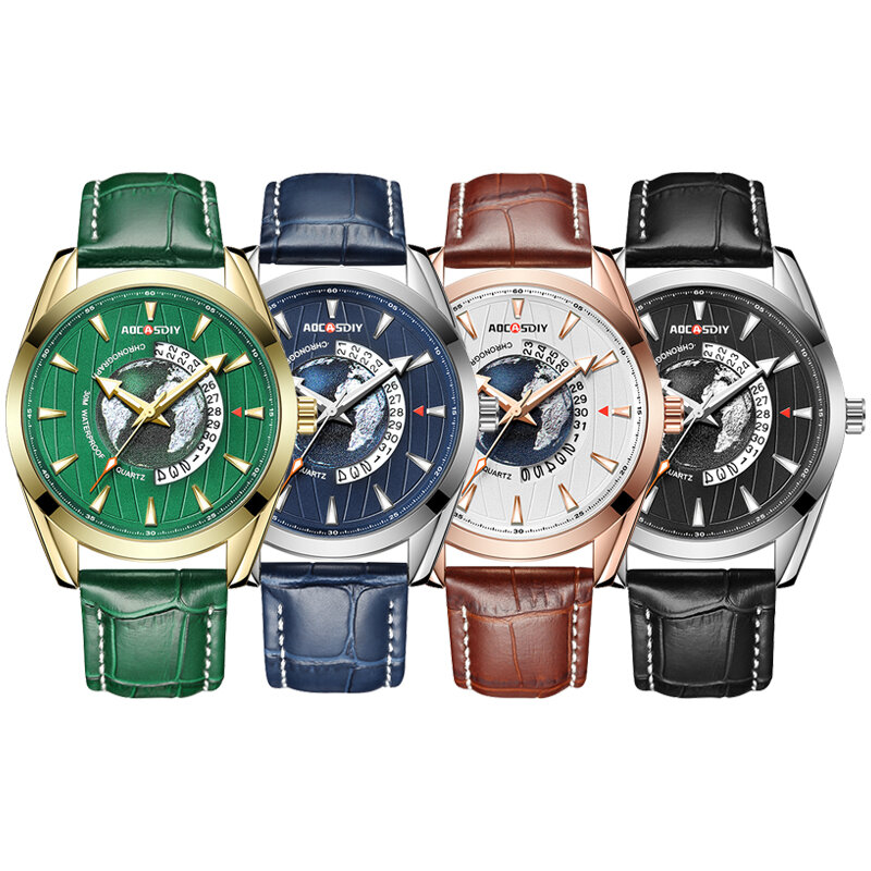 AOCASDIY Luxury Mens Watches New Fashion Creative Earth Quartz Wristwatch Leather Sport Watch for Men Clock Relogio Masculino