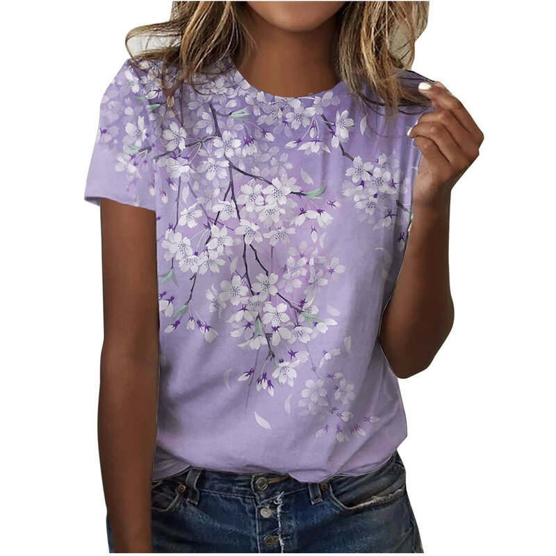여성용 하라주쿠 반팔 티셔츠, 꽃무늬 프린트 O넥 캐주얼 티셔츠, 개성 있는 티 탑, 여름