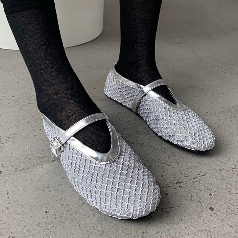 2024 Summer Fashion Sexy Grid Sandals Flat Women's Shoes Design Ballet Flats Round Toe Buckle Strap Pumps Luxury Designer Shoes